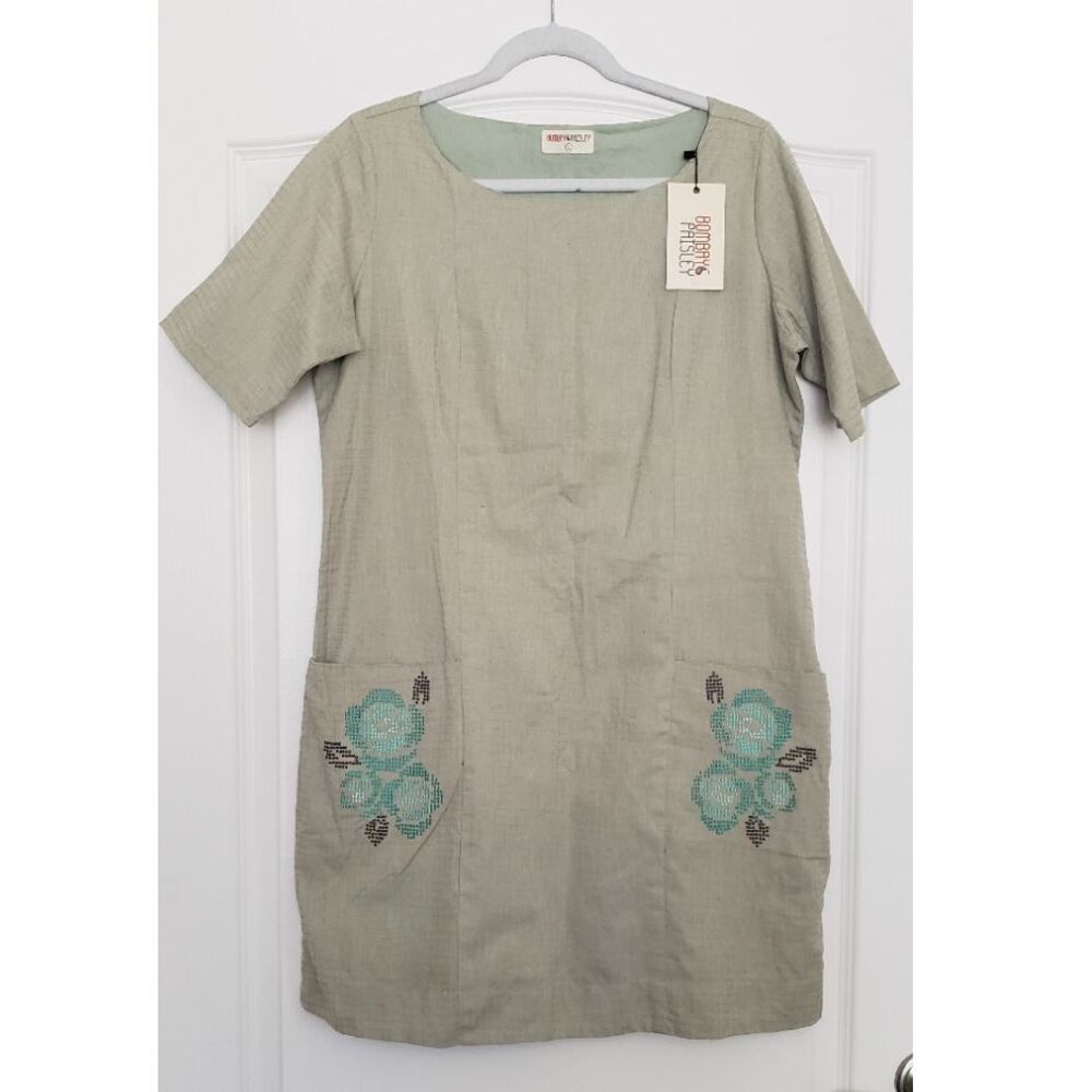 Bombay Paisley Linen Blend‎ Embroidered Pocket Short Sleeve Dress Sz L Trad Wife